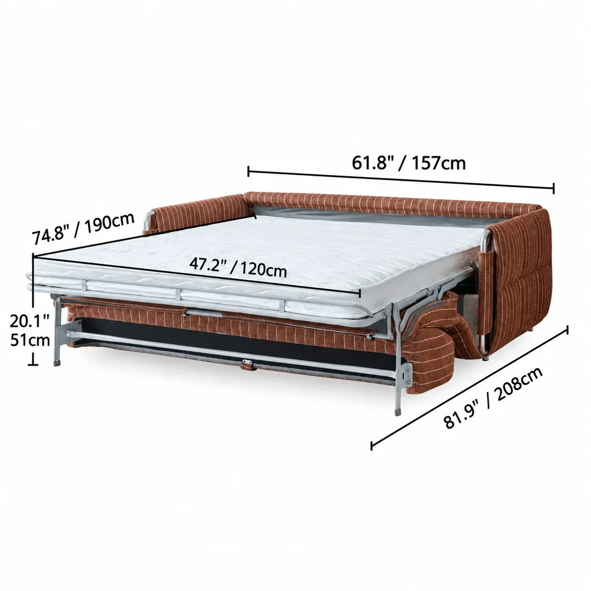 Warm Brown Textured Sofa Bed With Fold-Out Sleeper Function Dimensions