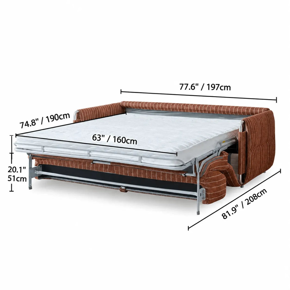 Warm Brown Textured Sofa Bed With Fold-Out Sleeper Function Dimensions