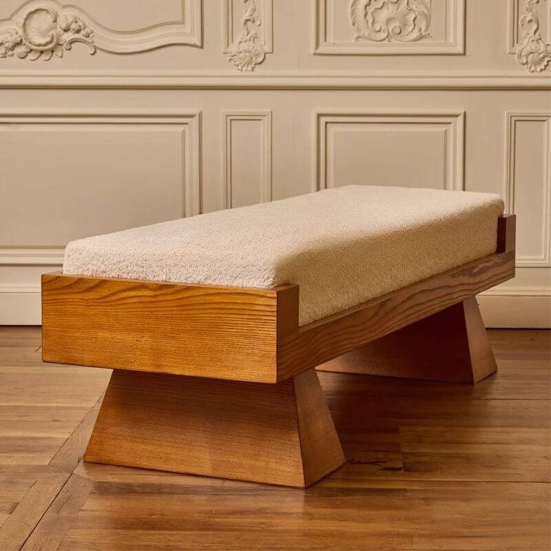 Warm Neutral Upholstered Bench Featuring Clean Lines and Wood Grain