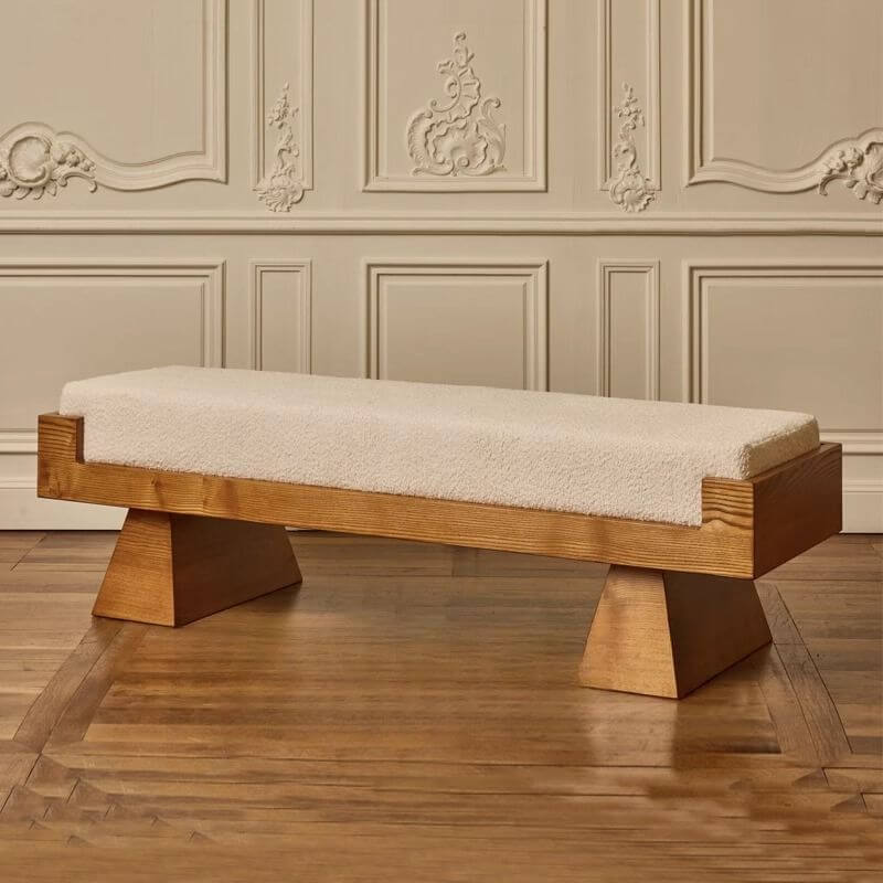 Warm Neutral Upholstered Bench Featuring Clean Lines and Wood Grain Main Product Image