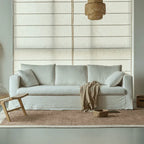 Warm White Linen Slipcover Sofa with Relaxed Skirted French Vintage Silhouette