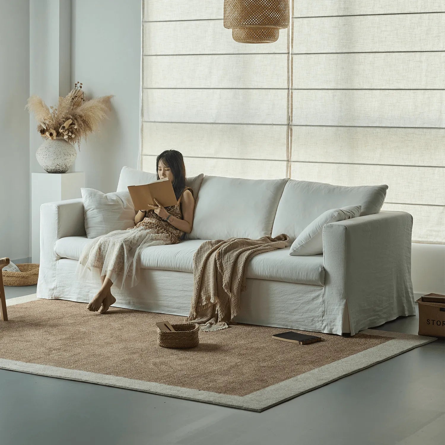 Warm White Linen Slipcover Sofa with Relaxed Skirted French Vintage Silhouette