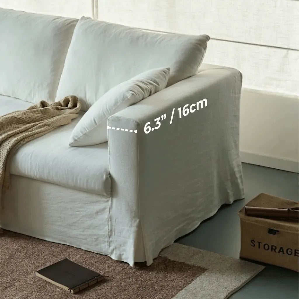 Warm White Linen Slipcover Sofa with Relaxed Skirted French Vintage Silhouette