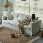 Warm White Linen Slipcover Sofa with Relaxed Skirted French Vintage Silhouette