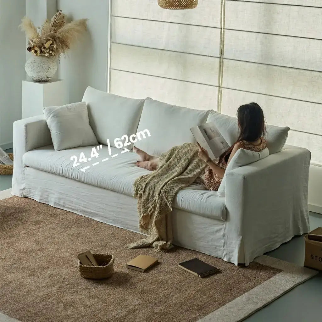 Warm White Linen Slipcover Sofa with Relaxed Skirted French Vintage Silhouette