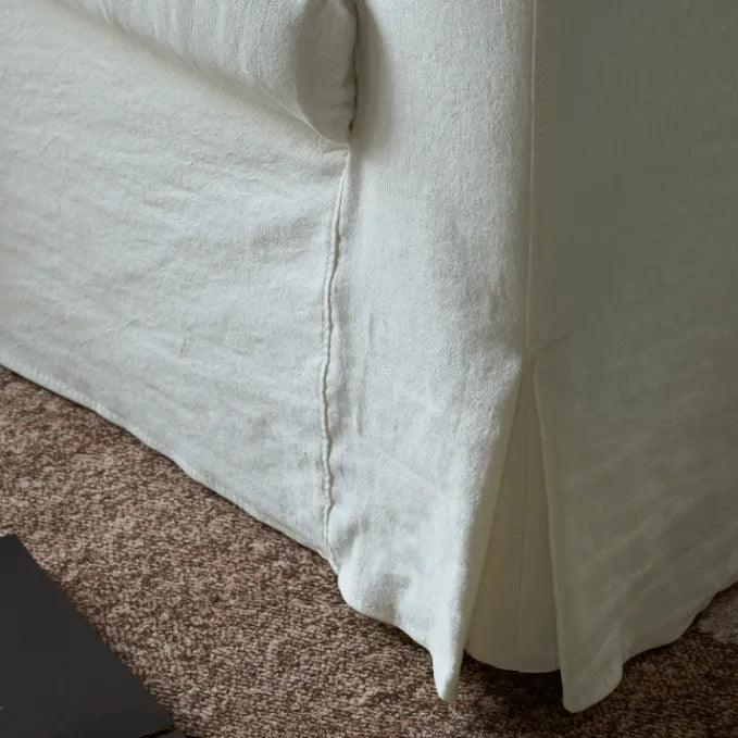 Warm White Linen Slipcover Sofa with Relaxed Skirted French Vintage Silhouette