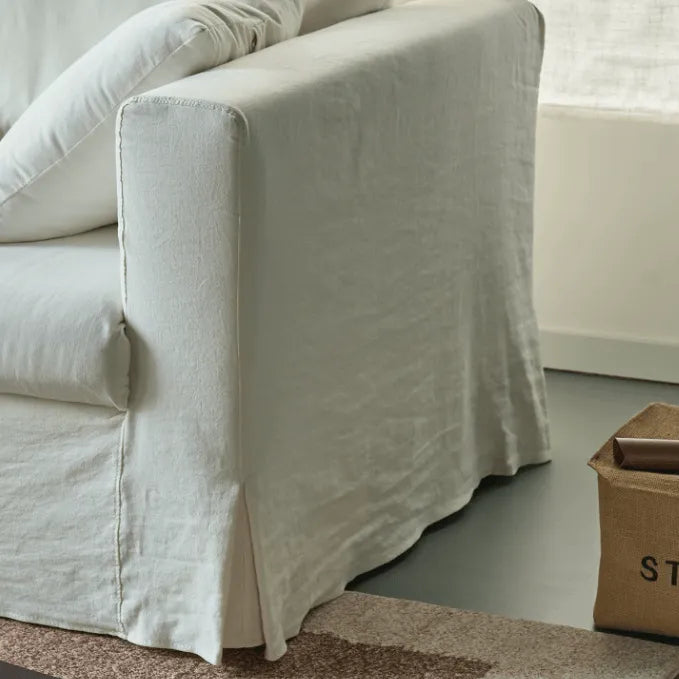 Warm White Linen Slipcover Sofa with Relaxed Skirted French Vintage Silhouette