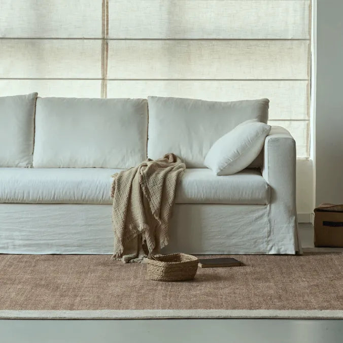 Warm White Linen Slipcover Sofa with Relaxed Skirted French Vintage Silhouette
