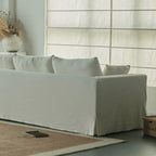 Warm White Linen Slipcover Sofa with Relaxed Skirted French Vintage Silhouette