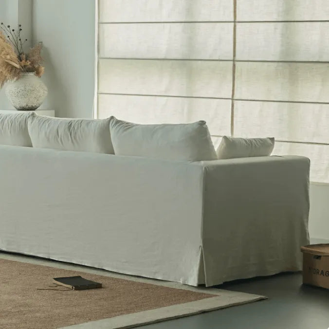 Warm White Linen Slipcover Sofa with Relaxed Skirted French Vintage Silhouette