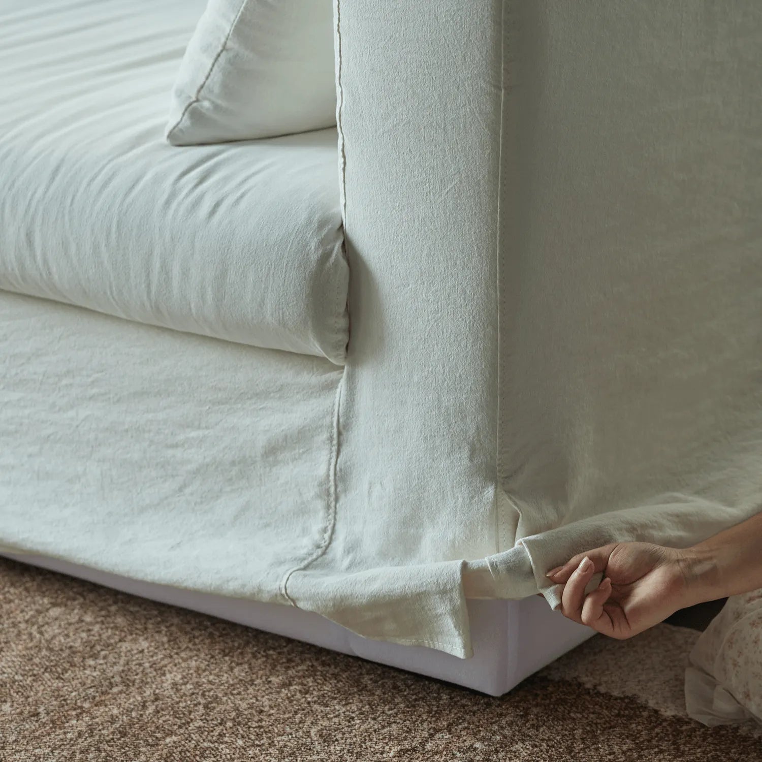 Warm White Linen Slipcover Sofa with Relaxed Skirted French Vintage Silhouette