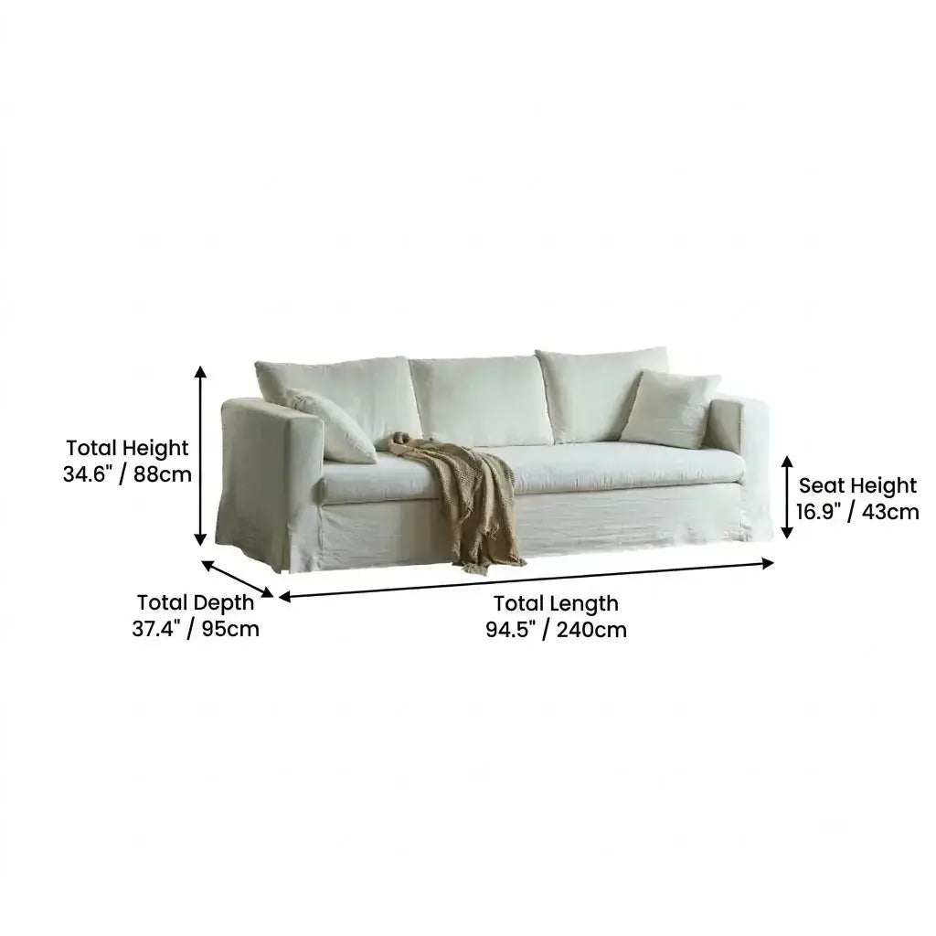 Warm White Linen Slipcover Sofa with Relaxed Skirted French Vintage Silhouette Dimensions