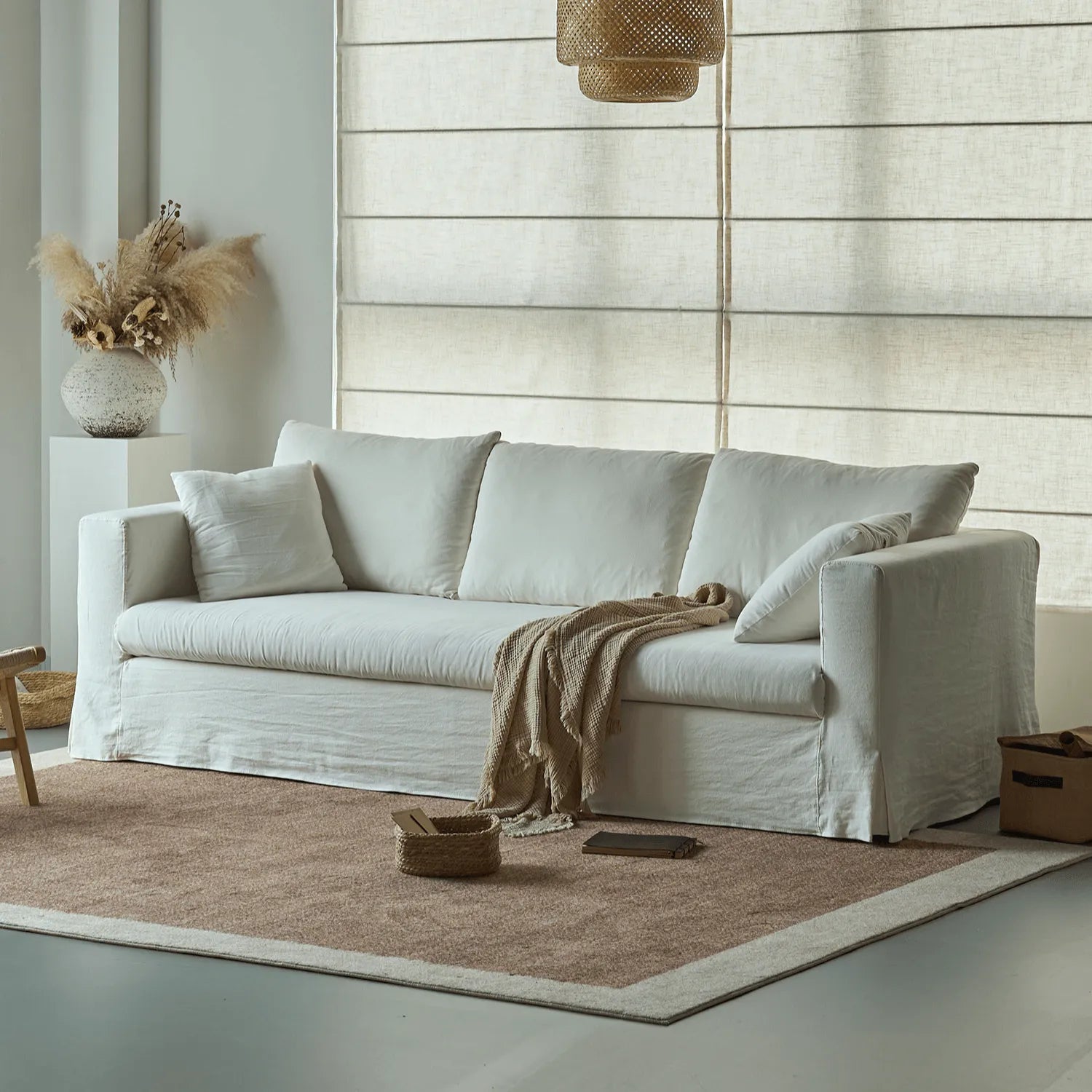 Warm White Linen Slipcover Sofa with Relaxed Skirted French Vintage Silhouette Main Product Image