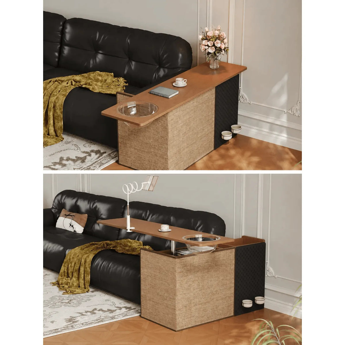 Warm Wood Cat Scratcher Side Table with Storage Caddy and Acrylic Pod