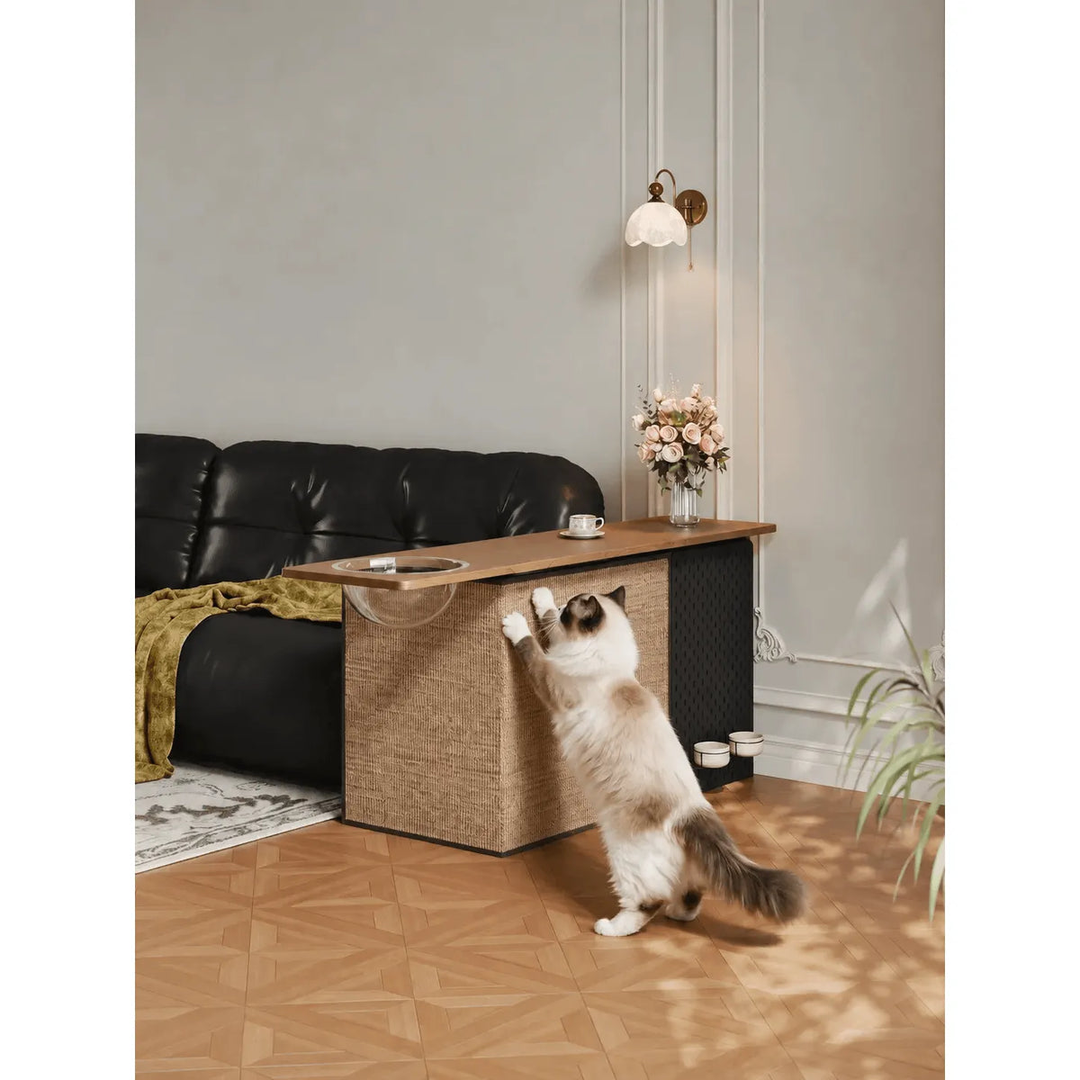 Warm Wood Cat Scratcher Side Table with Storage Caddy and Acrylic Pod