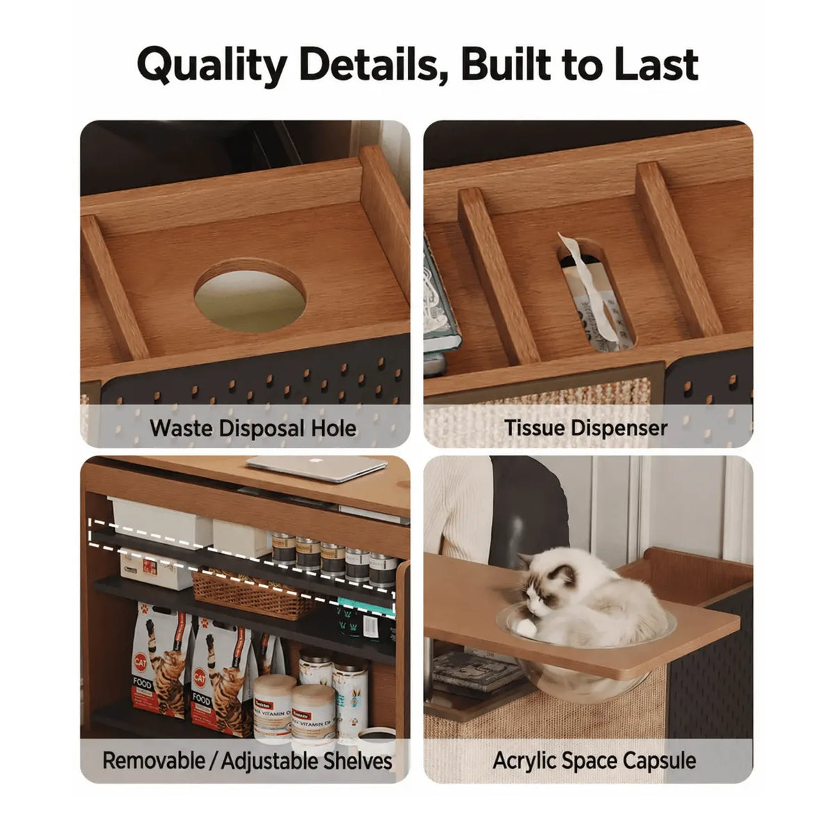Warm Wood Cat Scratcher Side Table with Storage Caddy and Acrylic Pod