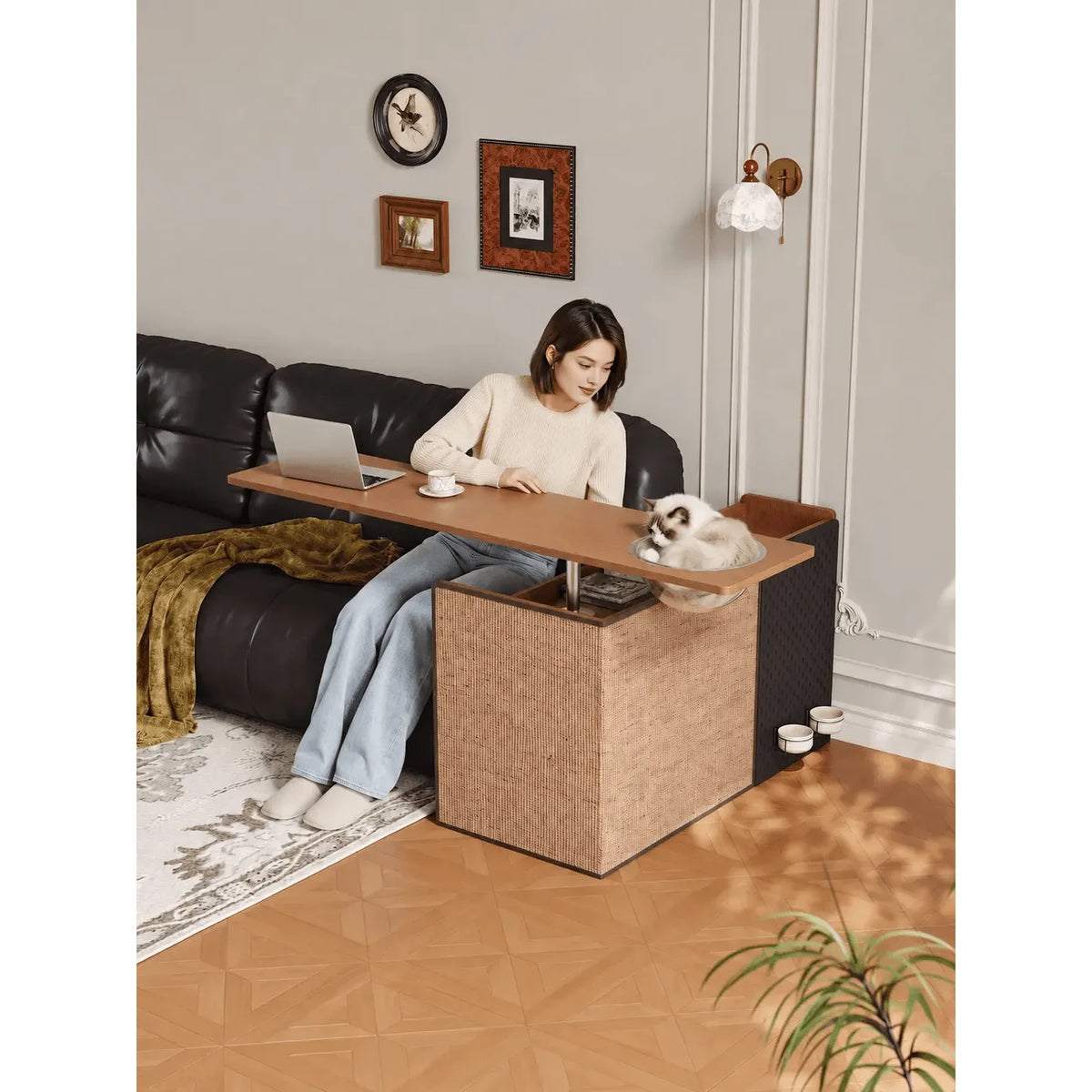 Warm Wood Cat Scratcher Side Table with Storage Caddy and Acrylic Pod Main Product Image Main image