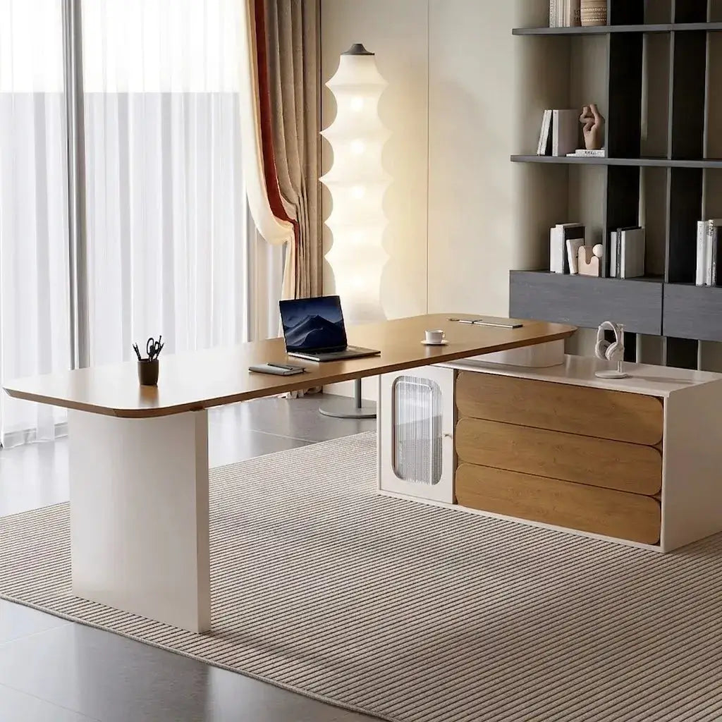 Warm Wood Executive Office Desk Set With Side Storage and Cable Management Imagen secundaria del producto