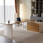Warm Wood Executive Office Desk Set With Side Storage and Cable Management