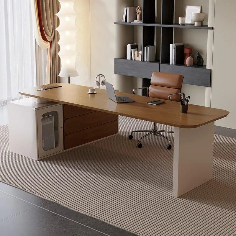Warm Wood Executive Office Desk Set With Side Storage and Cable Management