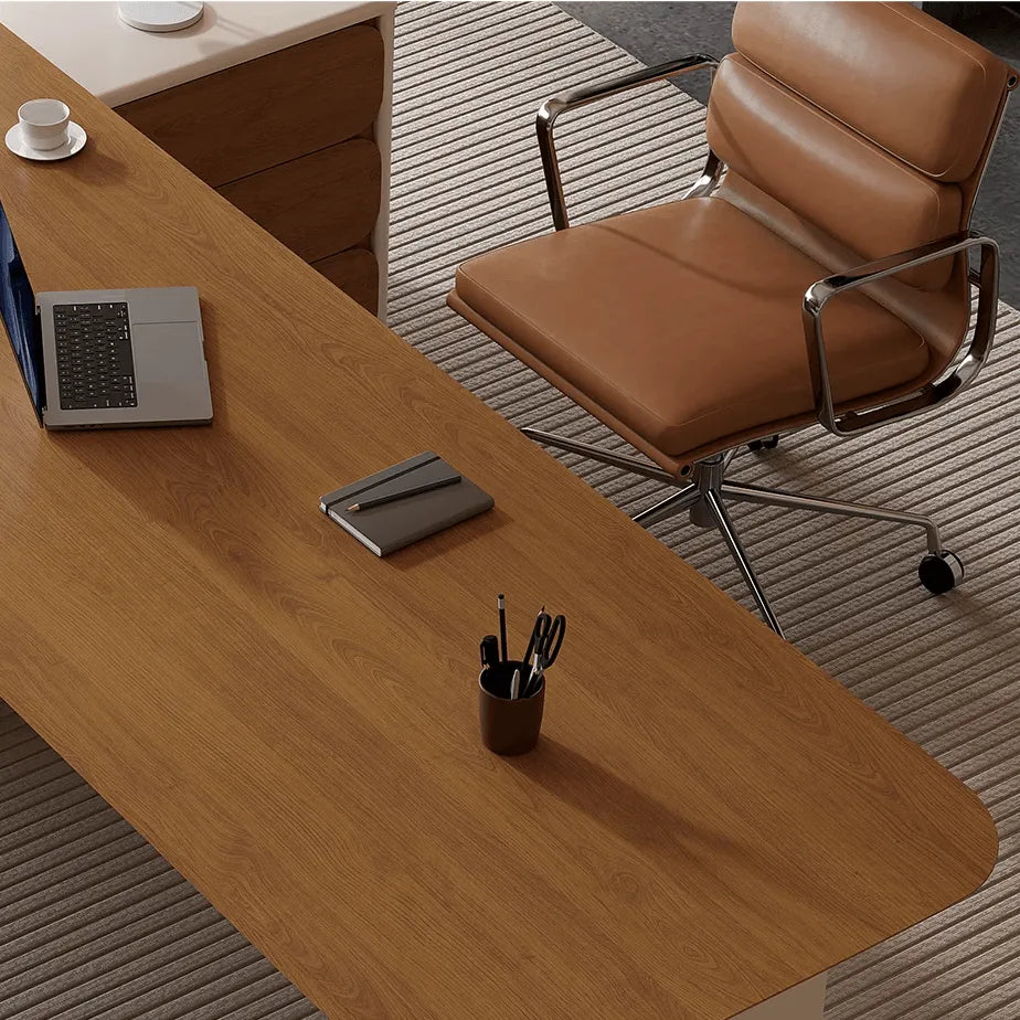 Warm Wood Executive Office Desk Set With Side Storage and Cable Management