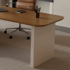 Warm Wood Executive Office Desk Set With Side Storage and Cable Management