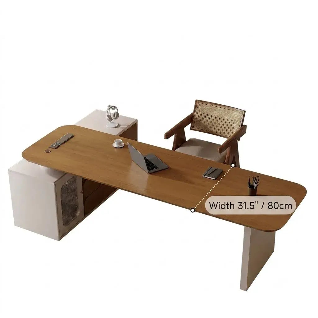 Warm Wood Executive Office Desk Set With Side Storage and Cable Management