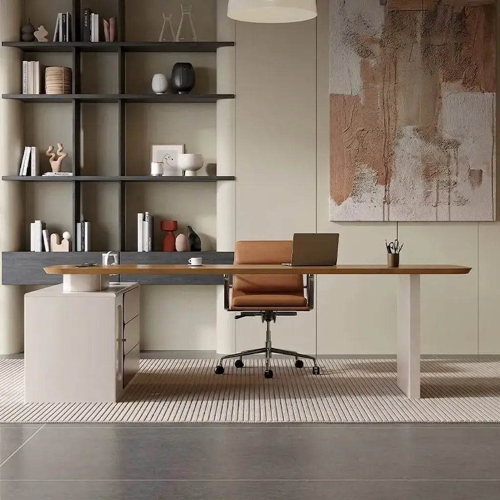 Warm Wood Executive Office Desk Set With Side Storage and Cable Management