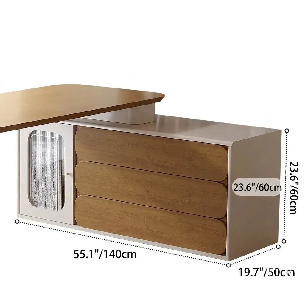 Warm Wood Executive Office Desk Set With Side Storage and Cable Management