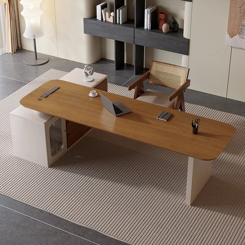 Warm Wood Executive Office Desk Set With Side Storage and Cable Management Main Product Image