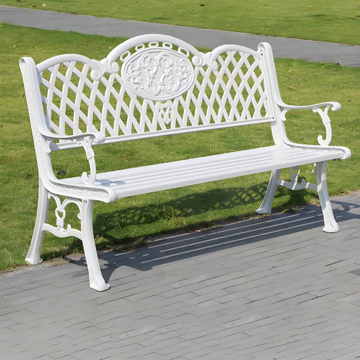 Waterproof Outdoor Bench in Copper or White with Baroque Back Detail
