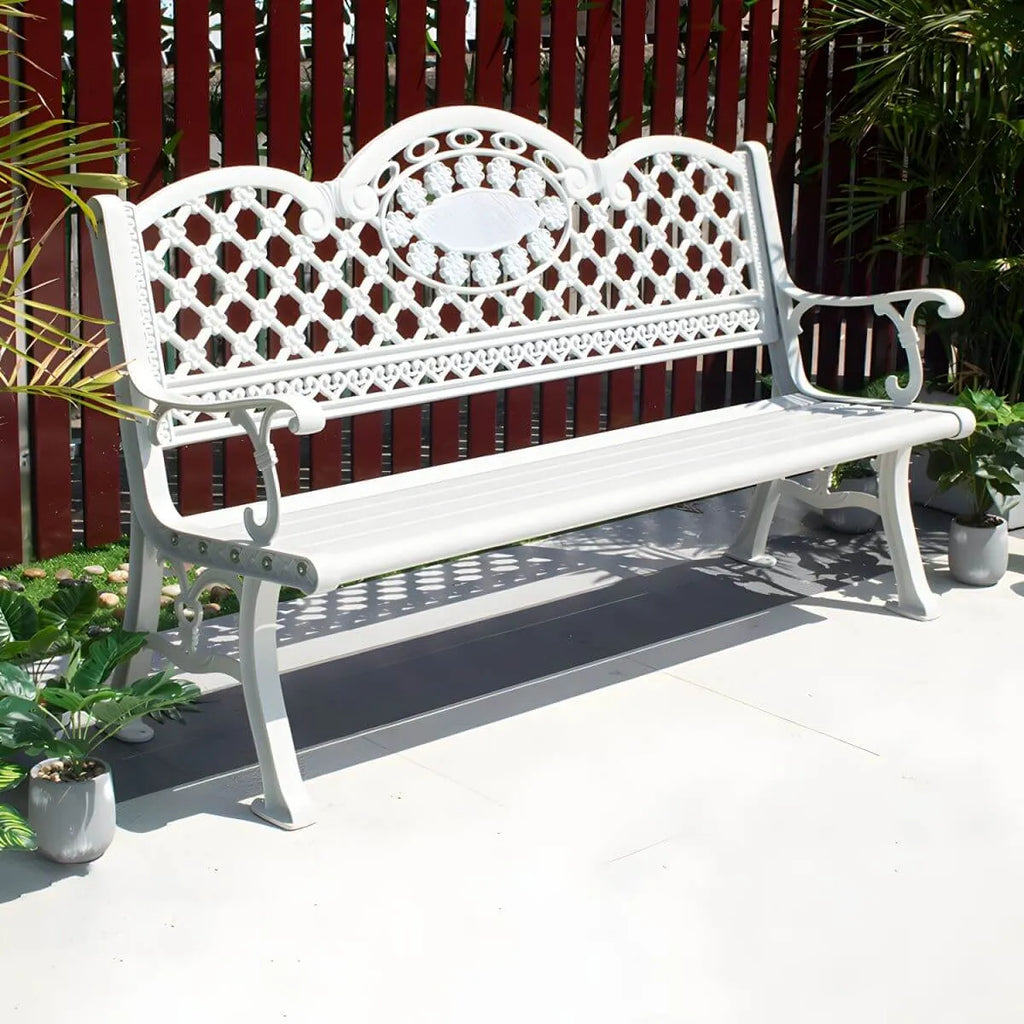 Waterproof Outdoor Bench in Copper or White with Baroque Back Detail