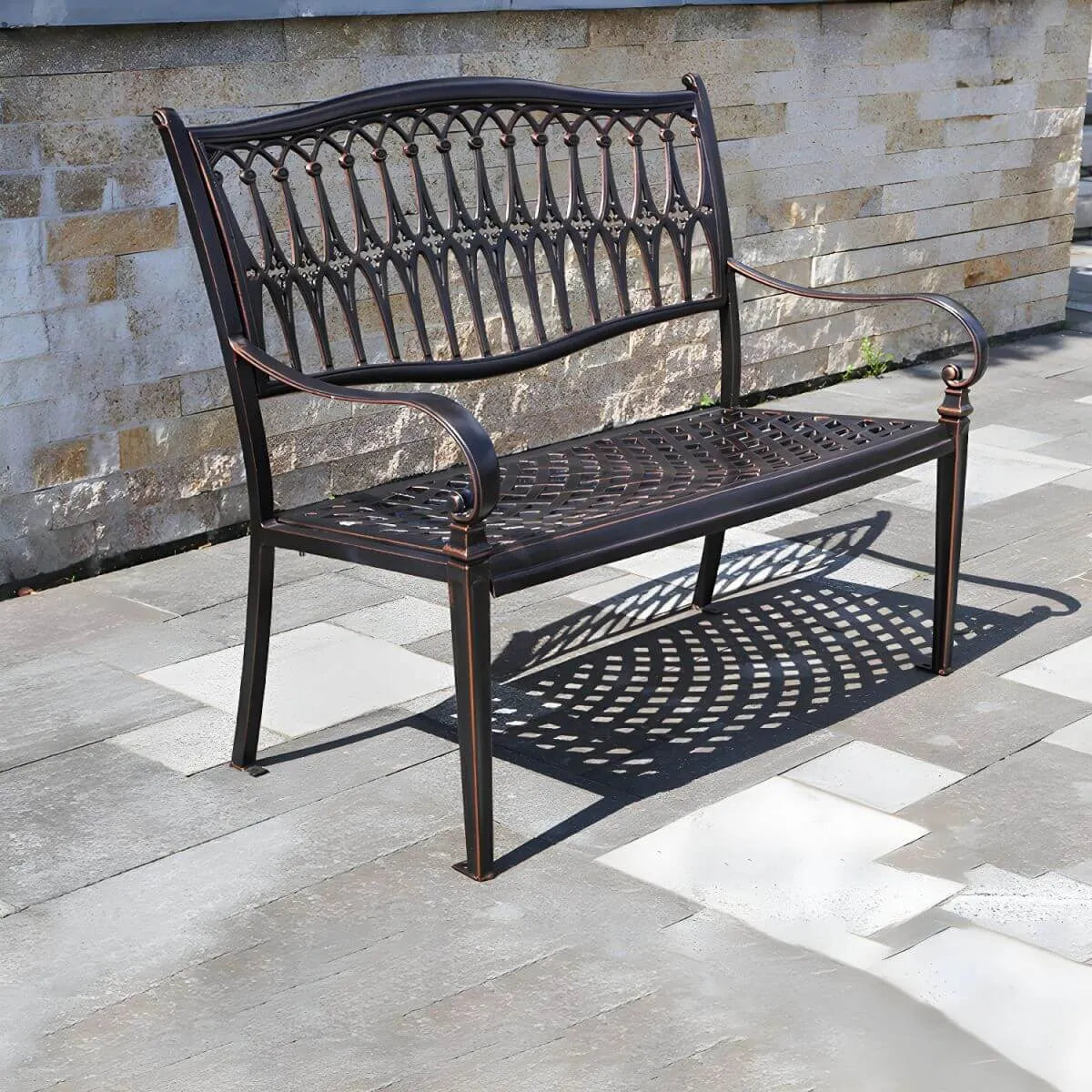 Waterproof Outdoor Bench in Copper or White with Baroque Back Detail
