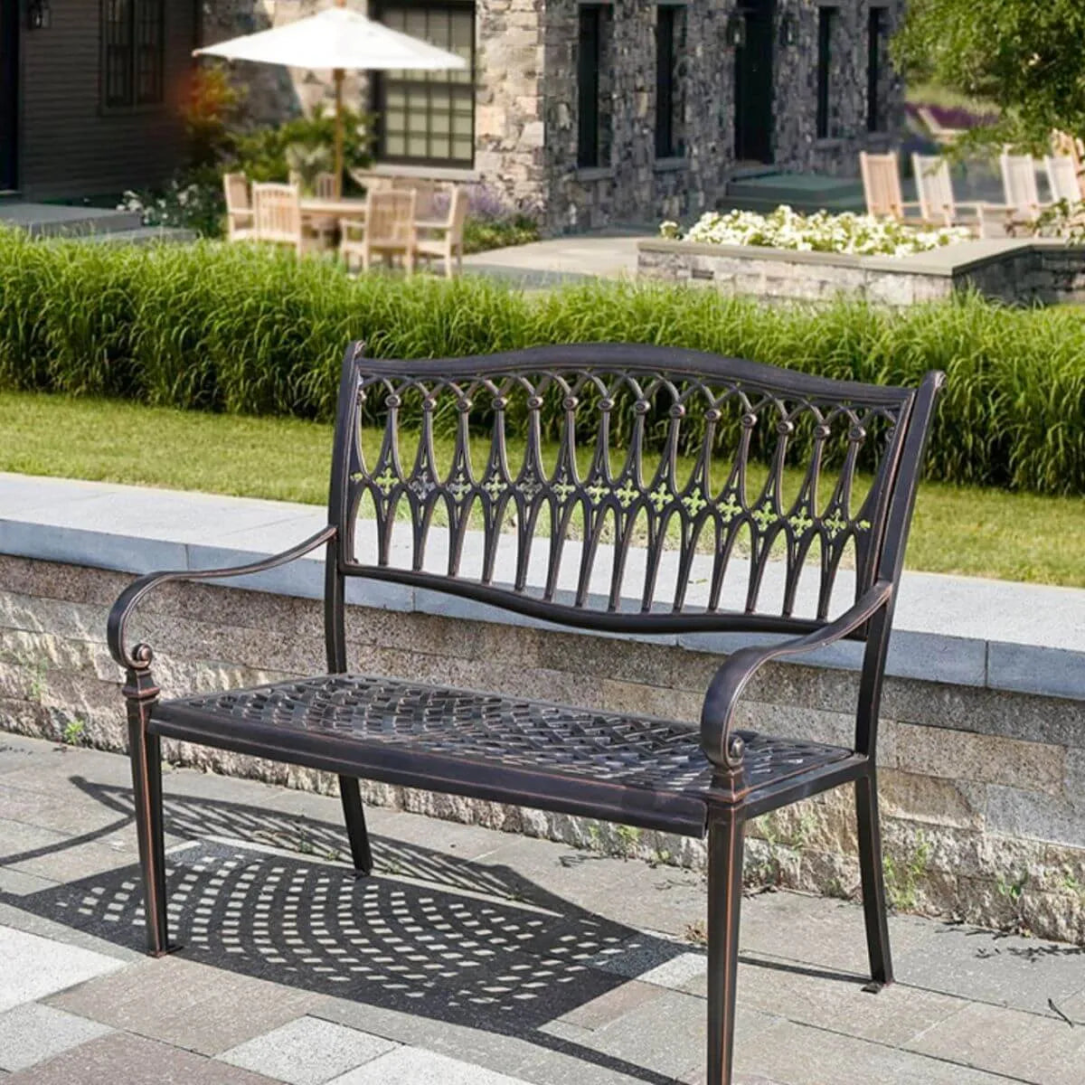 Waterproof Outdoor Bench in Copper or White with Baroque Back Detail