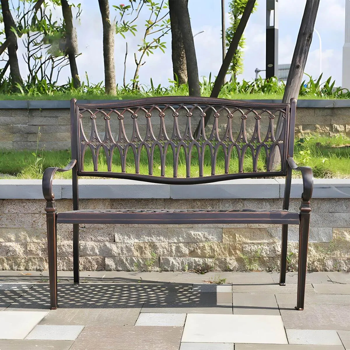 Waterproof Outdoor Bench in Copper or White with Baroque Back Detail
