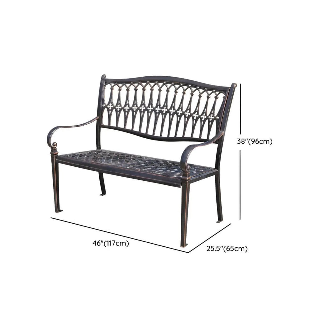 Waterproof Outdoor Bench in Copper or White with Baroque Back Detail Dimensions