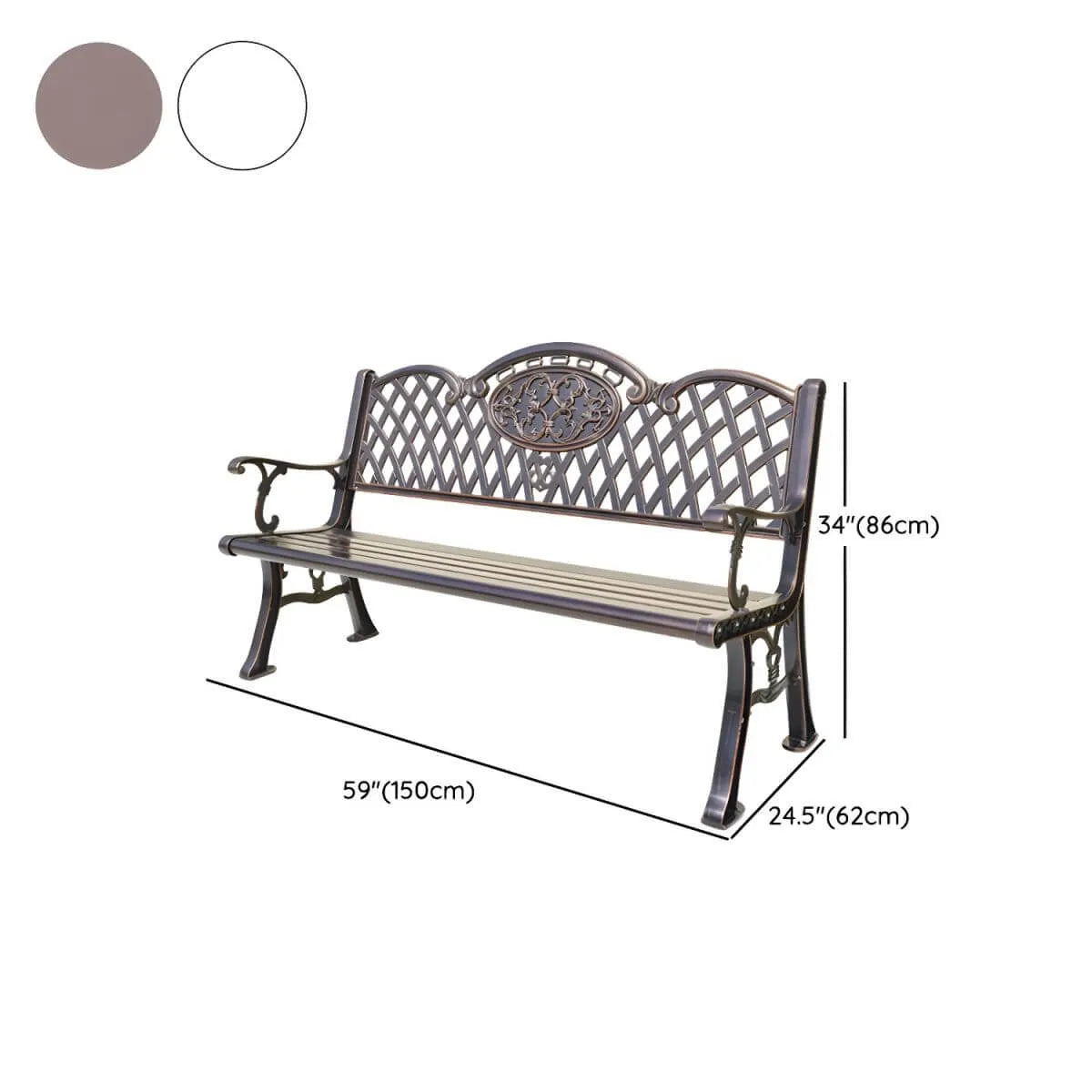 Waterproof Outdoor Bench in Copper or White with Baroque Back Detail Dimensions