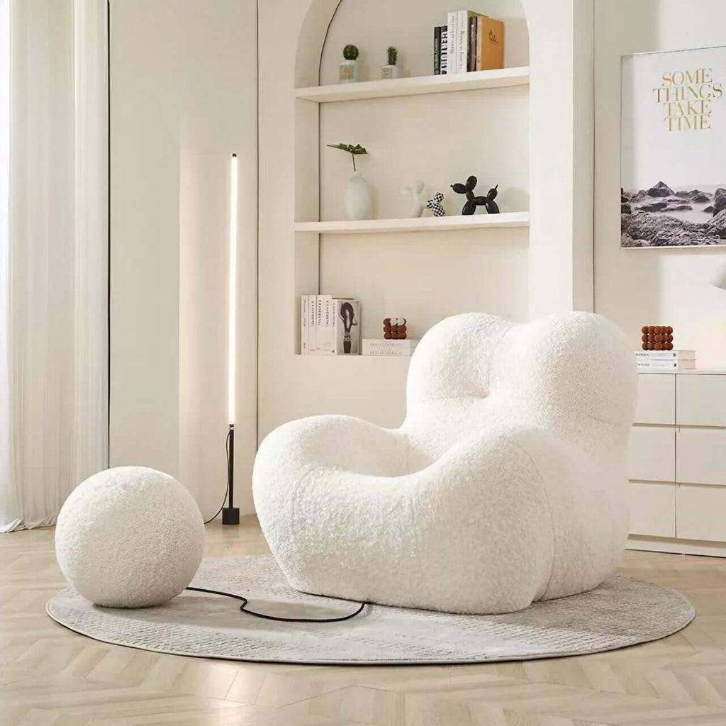 White boucle lounge chair with embrace-style design, perfect as a creative and lazy single sofa armchair main product image