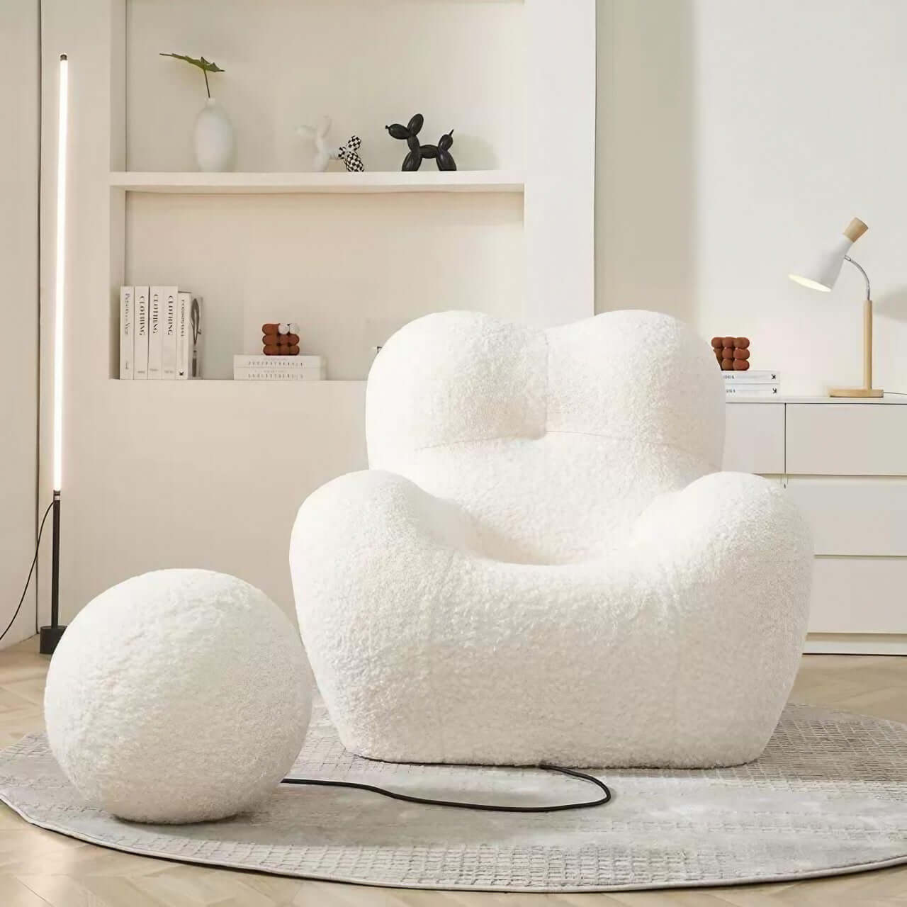 White boucle lounge chair with embrace-style design, perfect as a creative and lazy single sofa armchair