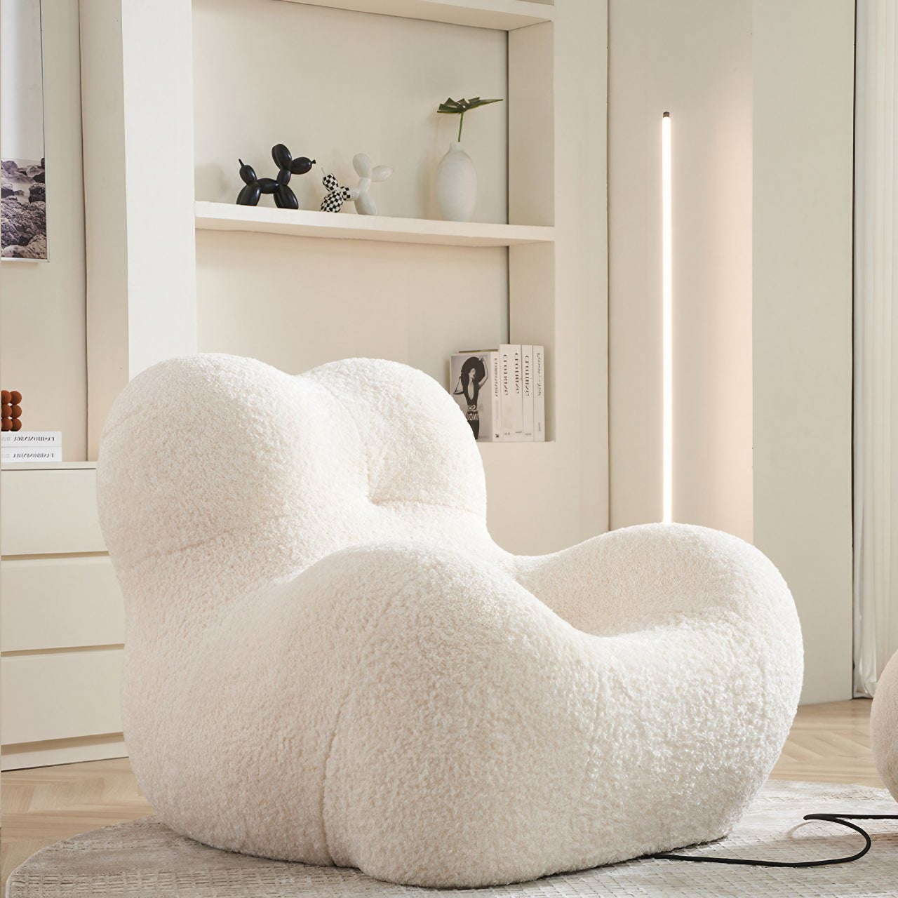 Cozy White Boucle Embrace-Style Armchair in a Modern Living Room Setting