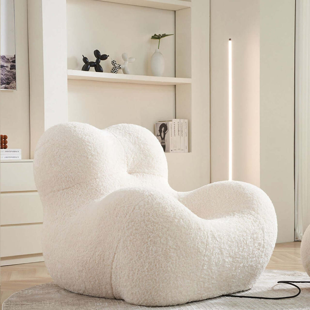 White boucle lounge chair with embrace-style design, perfect as a creative and lazy single sofa armchair