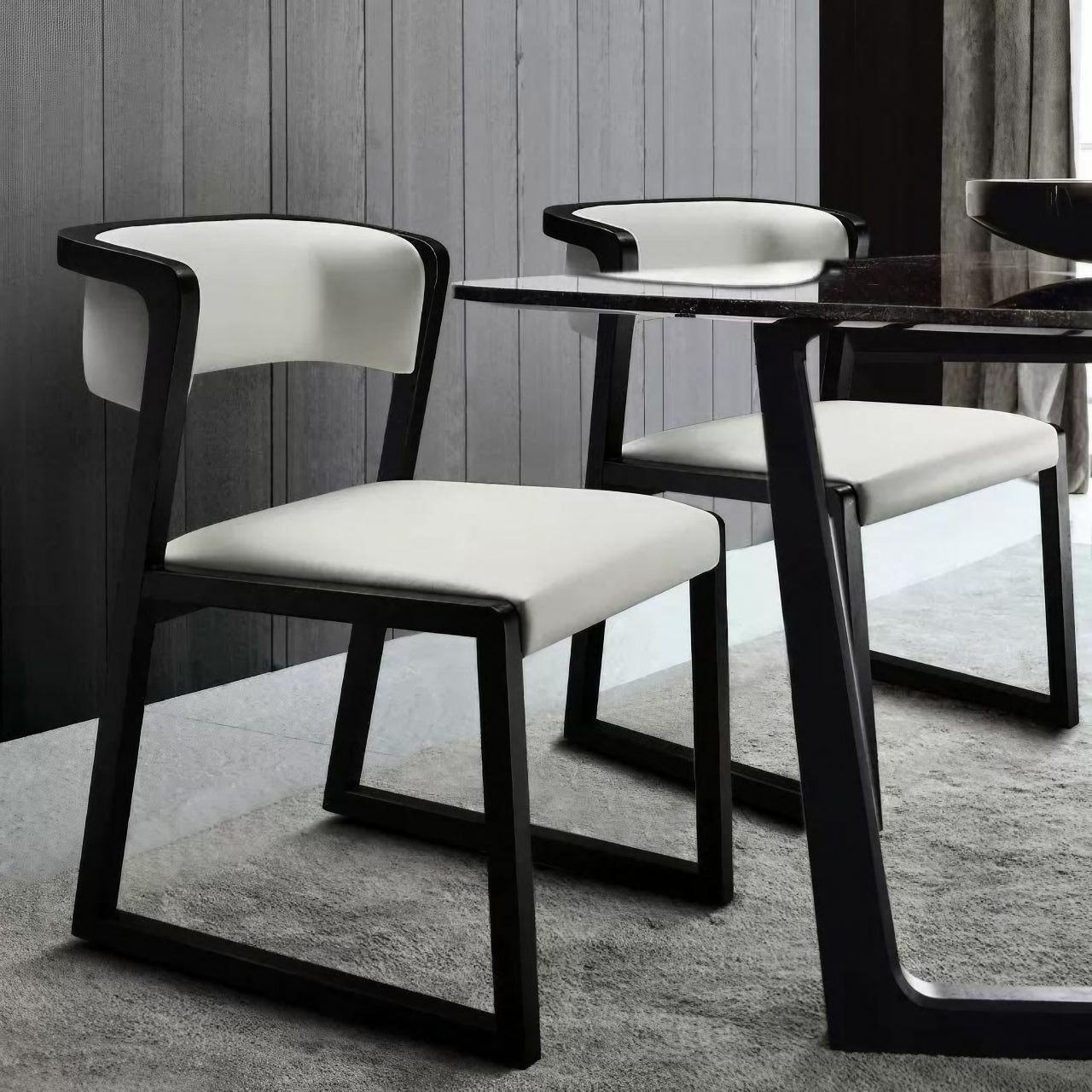 Modern minimalist white leather dining chair with solid wood frame
