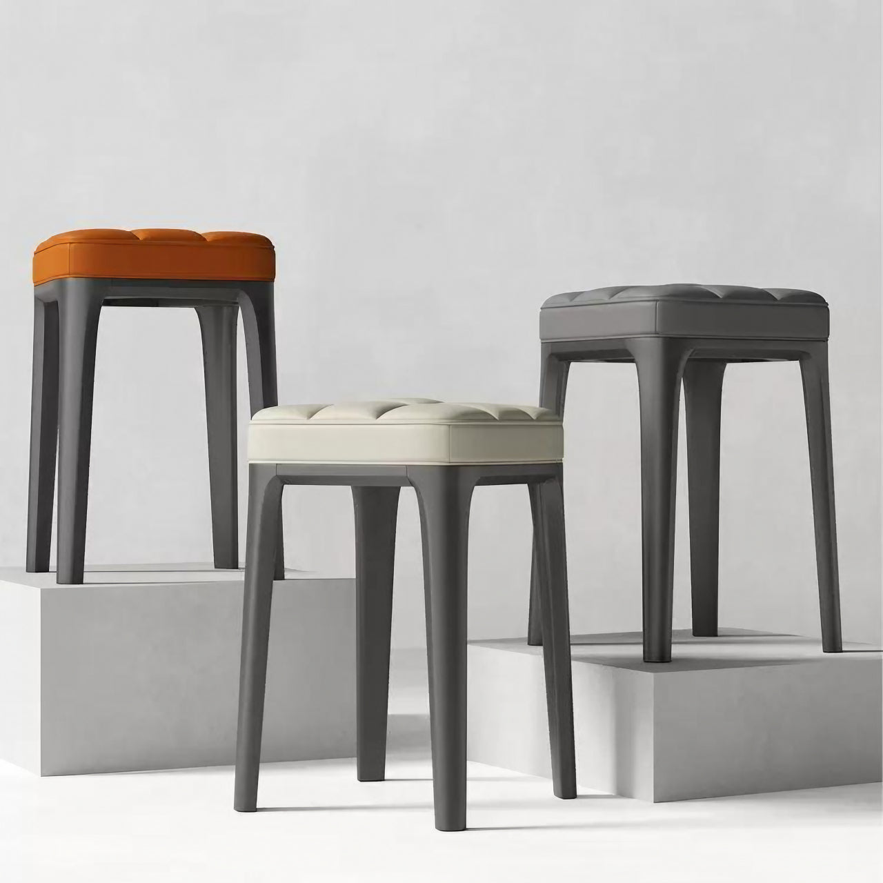 Leather Solid Wood Square Stool Stackable Design