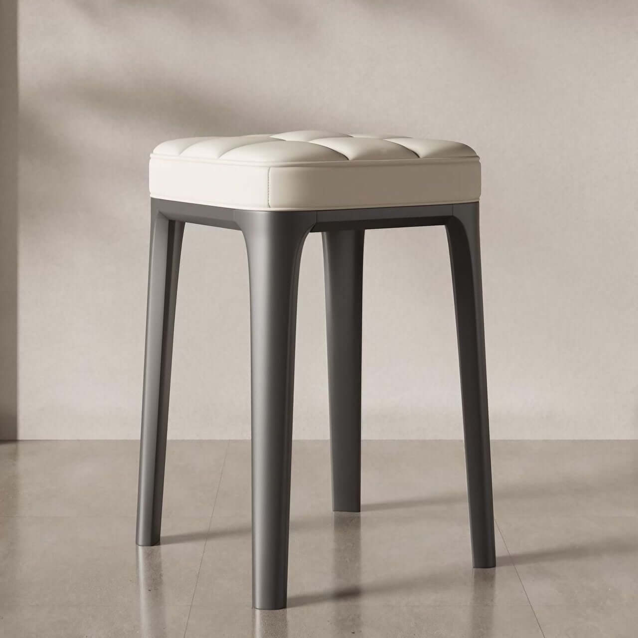 Stackable single square stool chair with white durable leather and solid wood frame