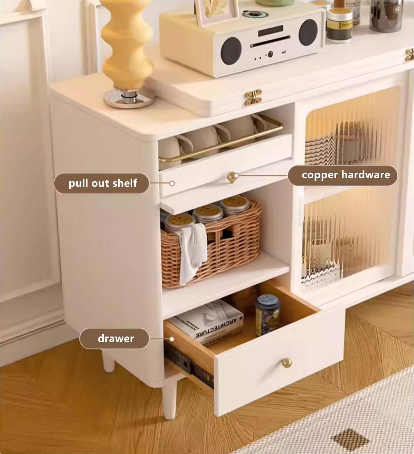 White Expandable Sideboard With Table And Cabinet