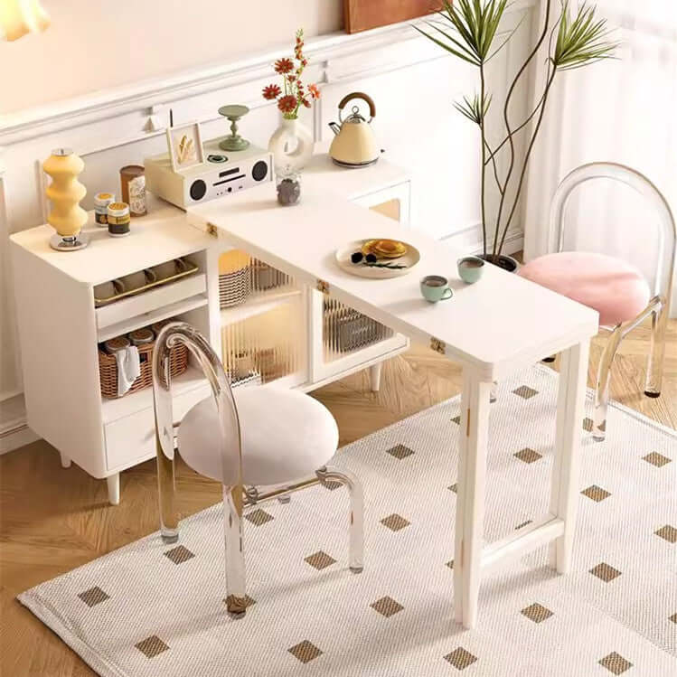 White Expandable Sideboard With Table And Cabinet