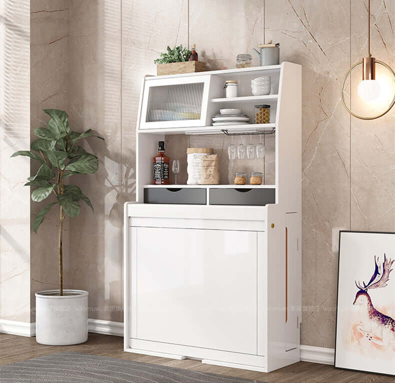 White Foldable Dining Set With Cabinet & 4 Chairs