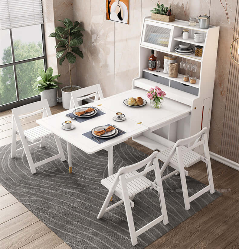 White Foldable Dining Set With Cabinet & 4 Chairs