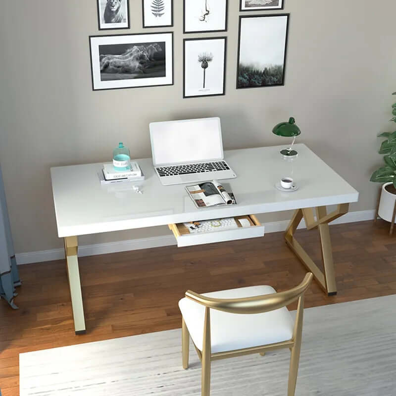 White & Gold Home Office Desk with Storage Drawer