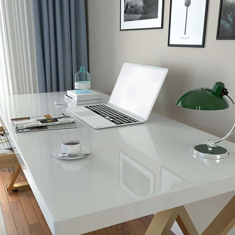 White & Gold Home Office Desk with Storage Drawer